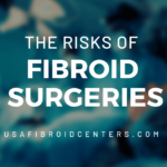 Blurred blue image of doctors in a medical room with the words The Risks of Fibroid Surgeries