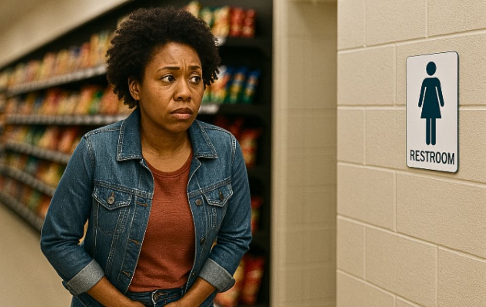 woman looking for bathroom because she has to pee a lot