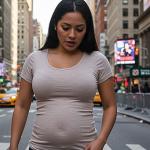 Woman with stomach bulge possibly as a symptom of uterine fibroids