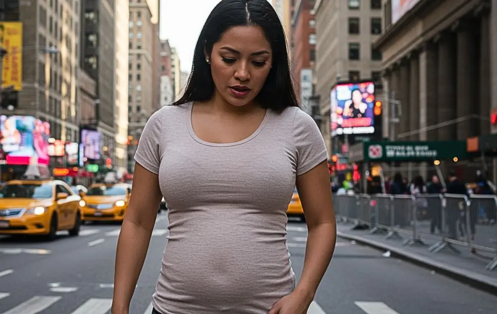Noticeable Stomach Bulge? It Might Be Fibroid Belly 1 Woman with stomach bulge possibly as a symptom of uterine fibroids