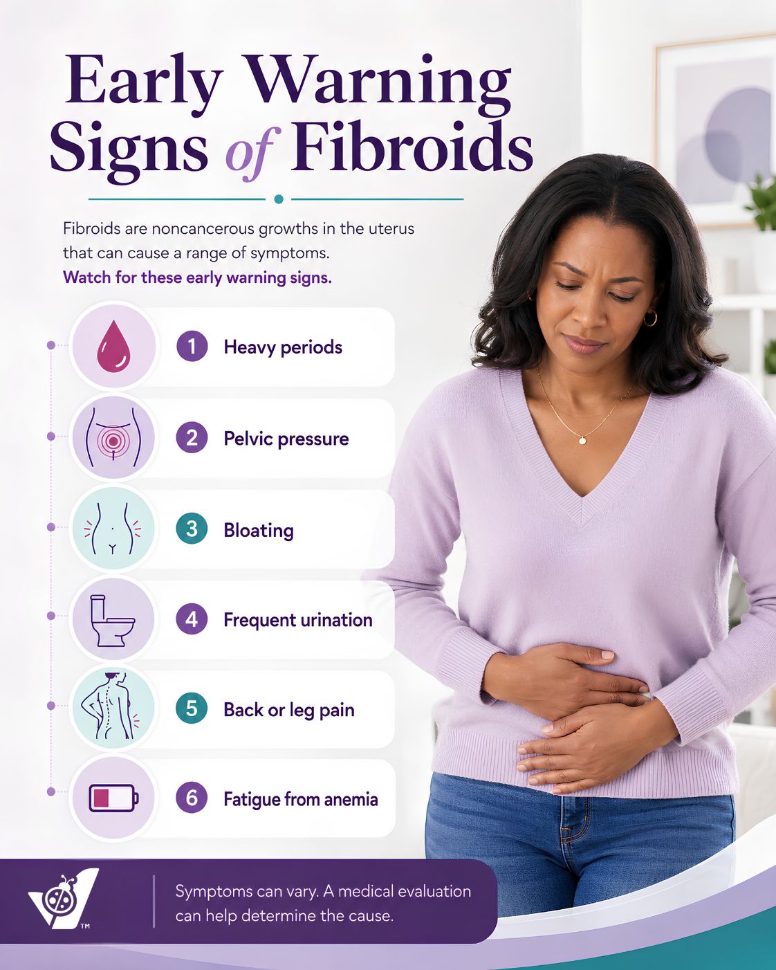 12 Early Warning Signs Of Fibroids 2 Woman holding her lower abdomen with a subtle uterus overlay representing possible early warning signs of fibroids.