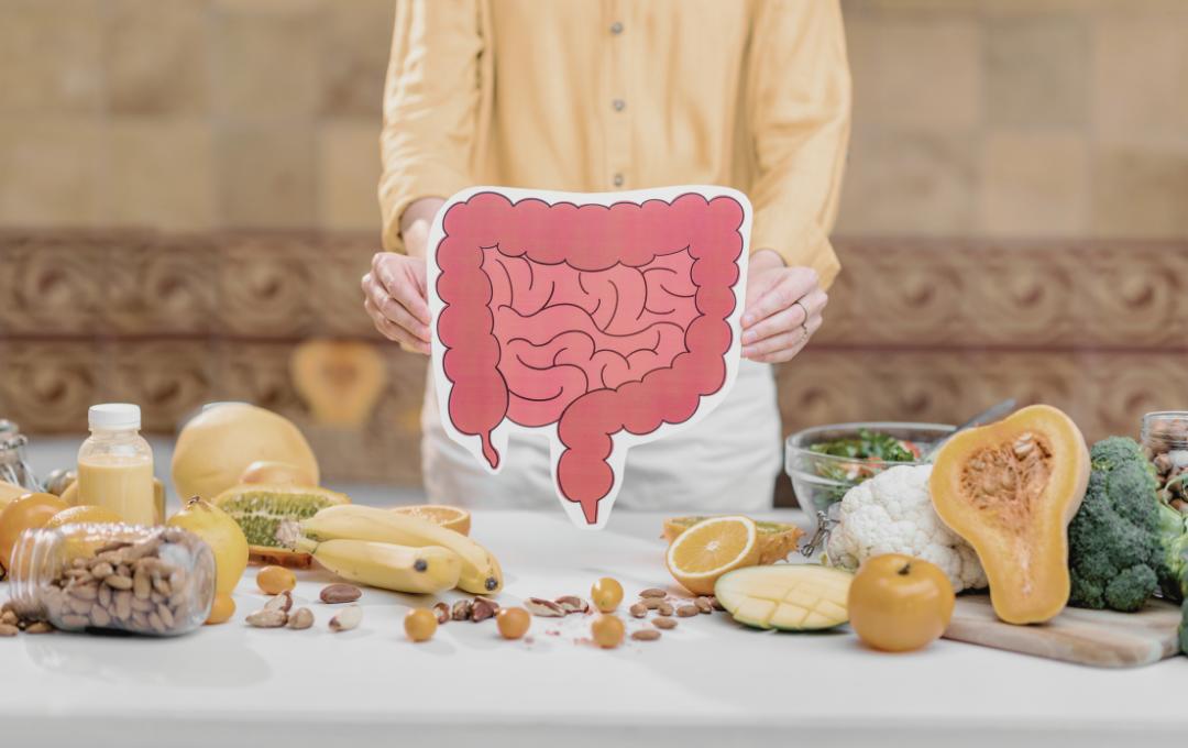Constipation After Your Period: Understanding The Causes 2 A person holding a large paper cutout of the human digestive system (intestines) over a white table filled with high-fiber foods. The image shows a diet focused on gut health and relieving constipation.