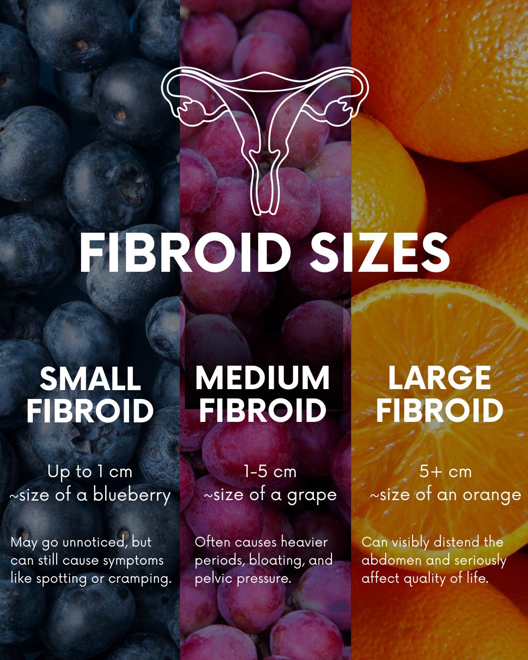 Can Uterine Fibroids Cause Digestive Problems? 3 The graphics explains the different sizes of fibroids comparing them to fruits.