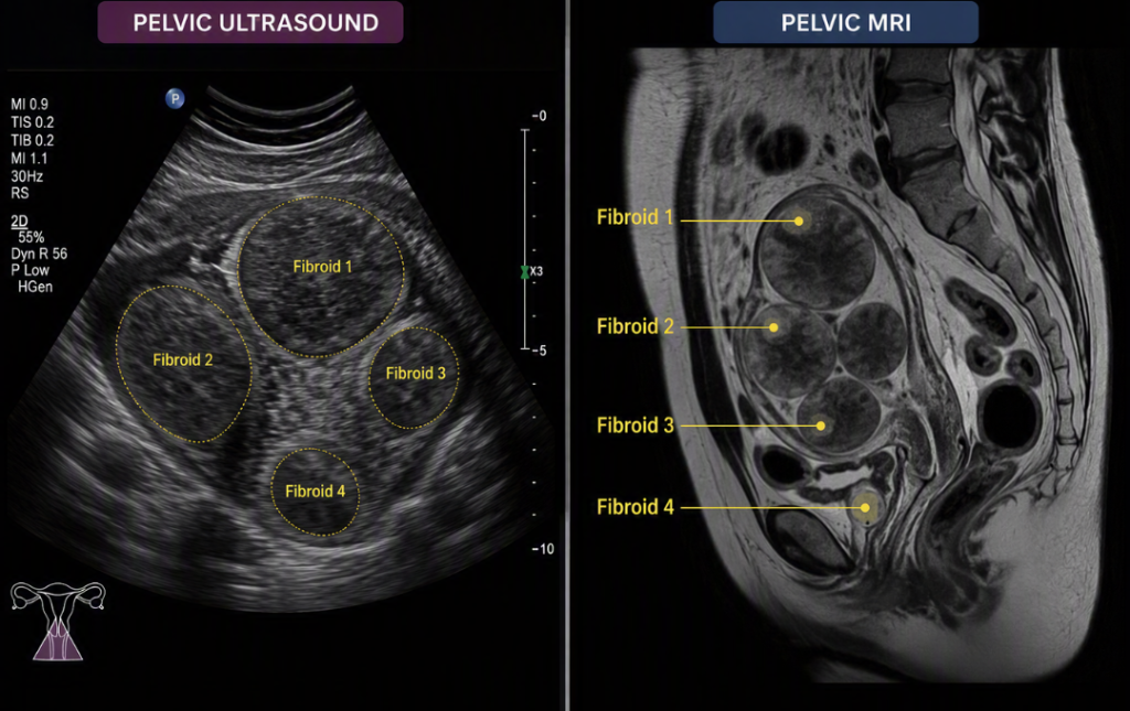 Multiple Fibroids Vs. A Single Fibroid: Does The Number Matter? 4 Pelvic ultrasound and plevic MRI showing fibroids
